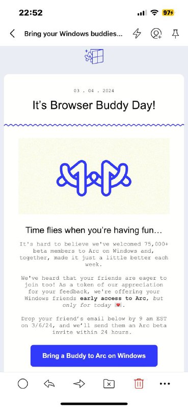 ▎  Arc for Windows 于今日启动“好友邀请日”活动此次活动面向内测用户开放邀请权限，每位已获得内测资格的用户最多可邀请5位朋友加入
